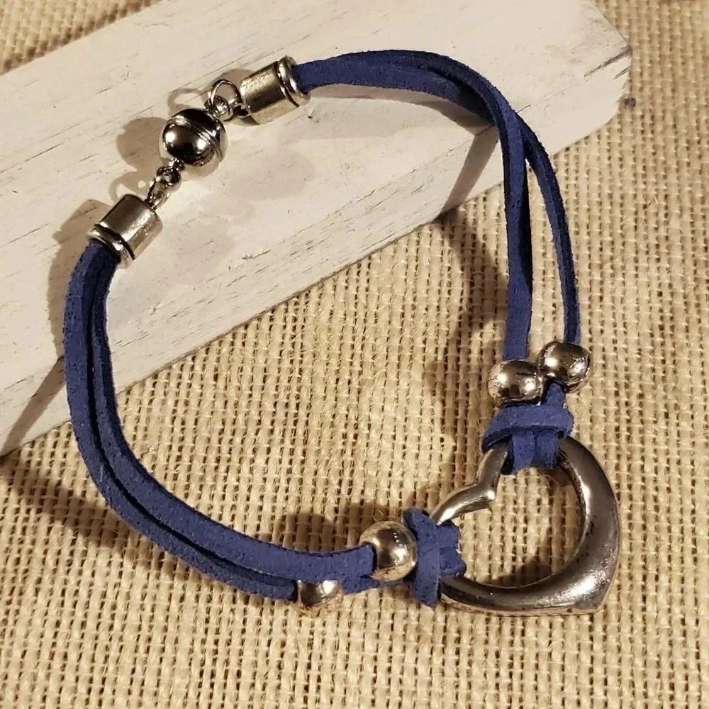 Silver Indigo Blue Vegan Suede Open Heart Bracelet